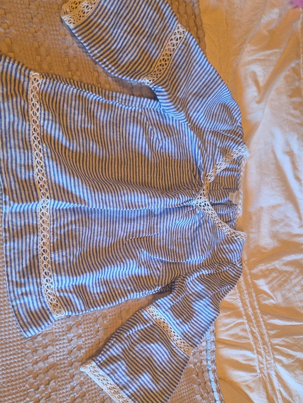 Chico's Blue and White Striped Lace-Trim Tunic Lg